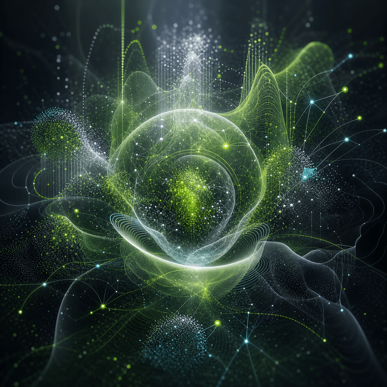 Aleatrix appears as a probability cloud resolving into signal, with lime data clusters, translucent contour fields, and scattered points becoming structure.