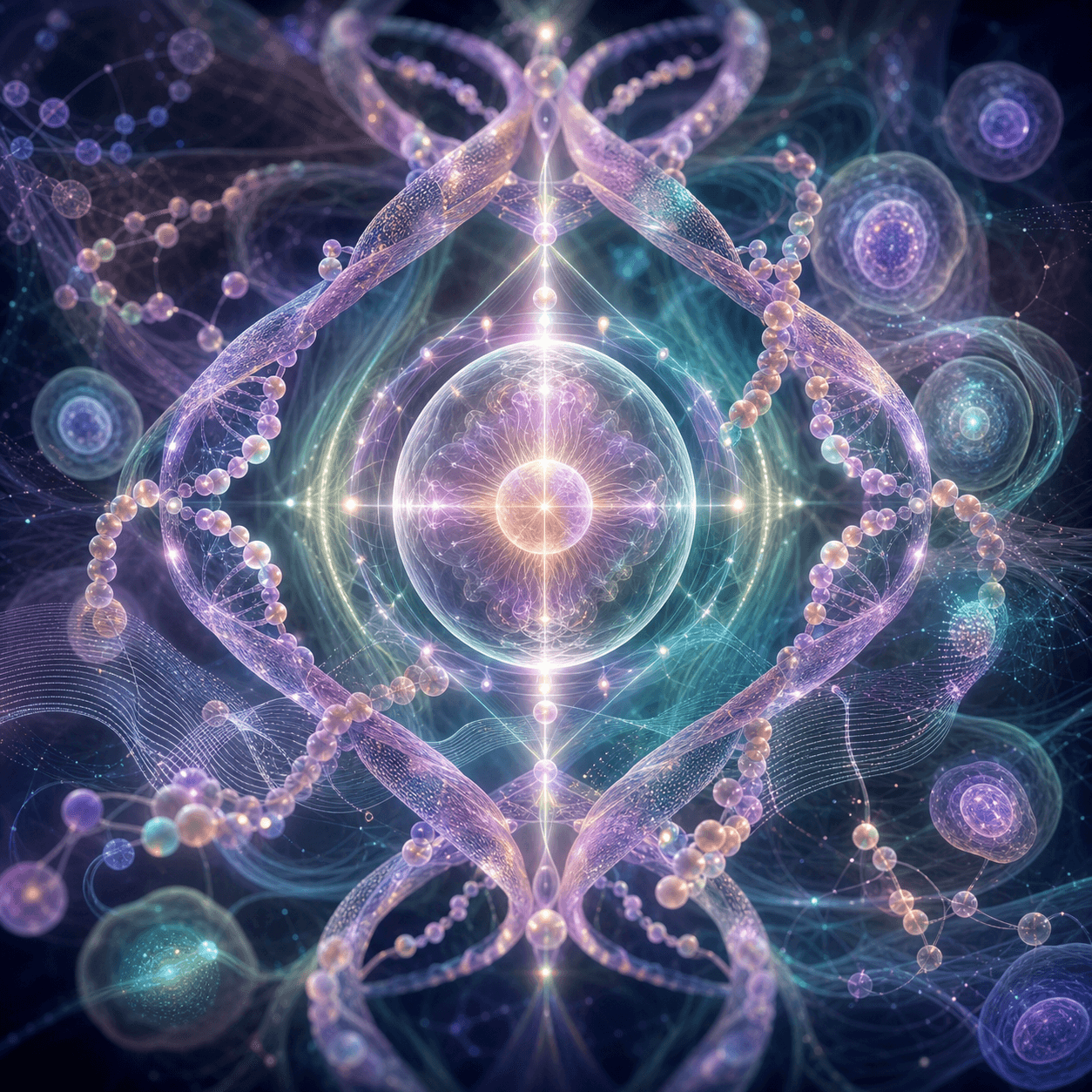 Altera appears as braided chromatin ribbons, pearl-like molecular beads, and soft violet gene-expression fields suggesting change without mutation.