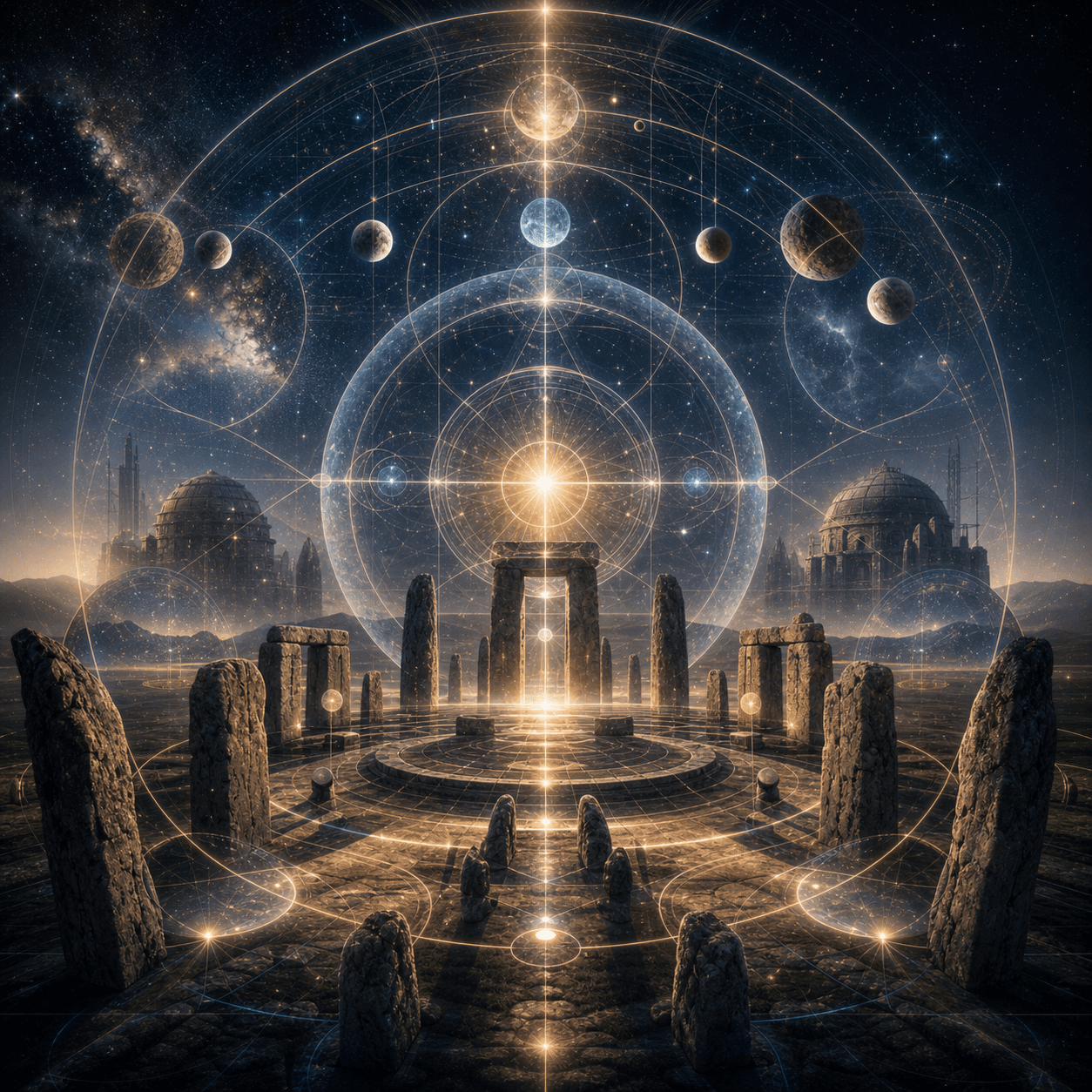 Astraia appears as star-path arcs, solstice light beams, weathered stone alignment forms, and precise celestial geometry.