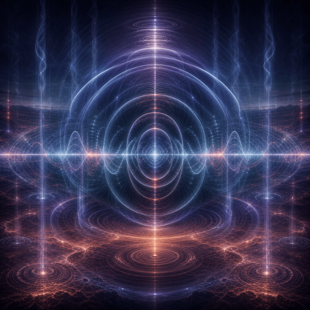 Bassa appears as deep violet pressure waves, luminous low-frequency rings, vibrating glass membranes, and a dark central listening presence.