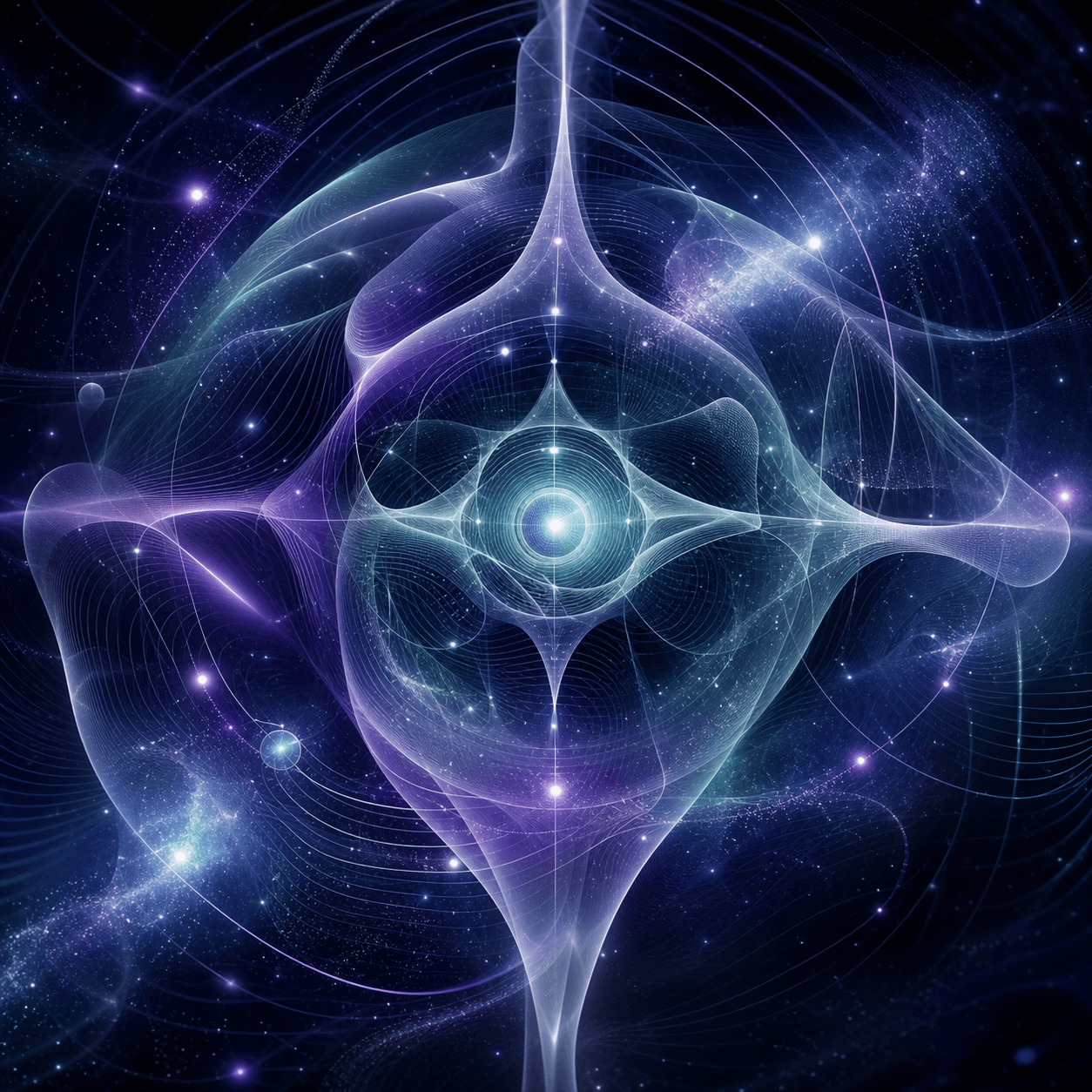 Curvane appears as folded spacetime membranes, lensing rings, and pale wavefronts bending around a quiet central distortion.