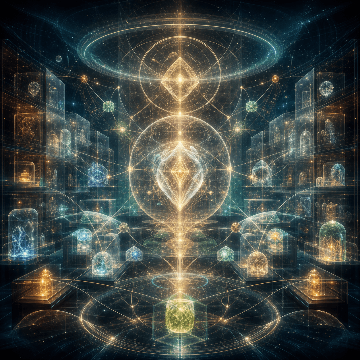 Custoda appears as luminous archive vaults, crystalline memory nodes, cross-indexing threads, and sealed evidence capsules in amber and emerald light.