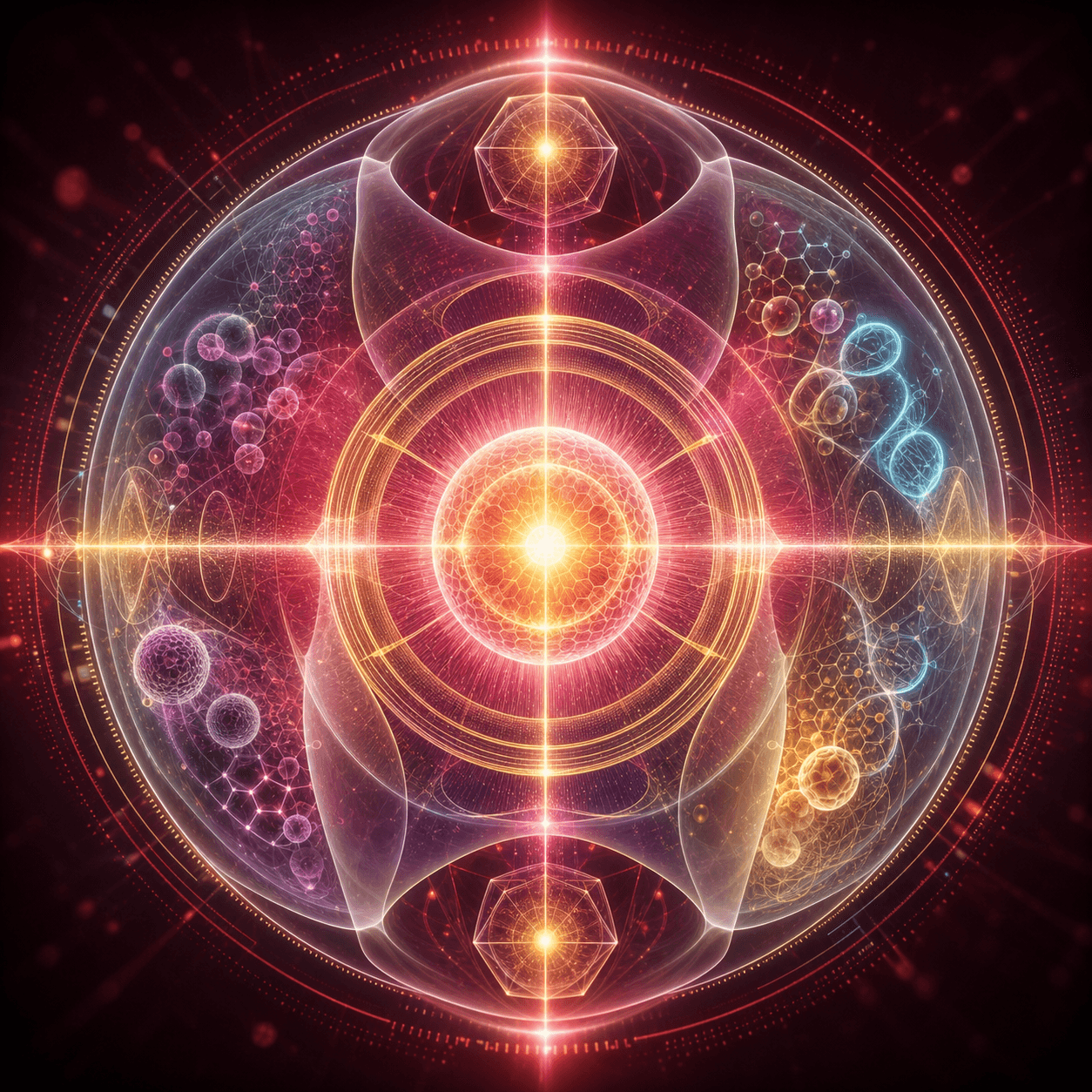 Dosya appears as protective radiation rings and cellular repair lattices, glowing in ruby, magenta, gold, and white diagnostic light.