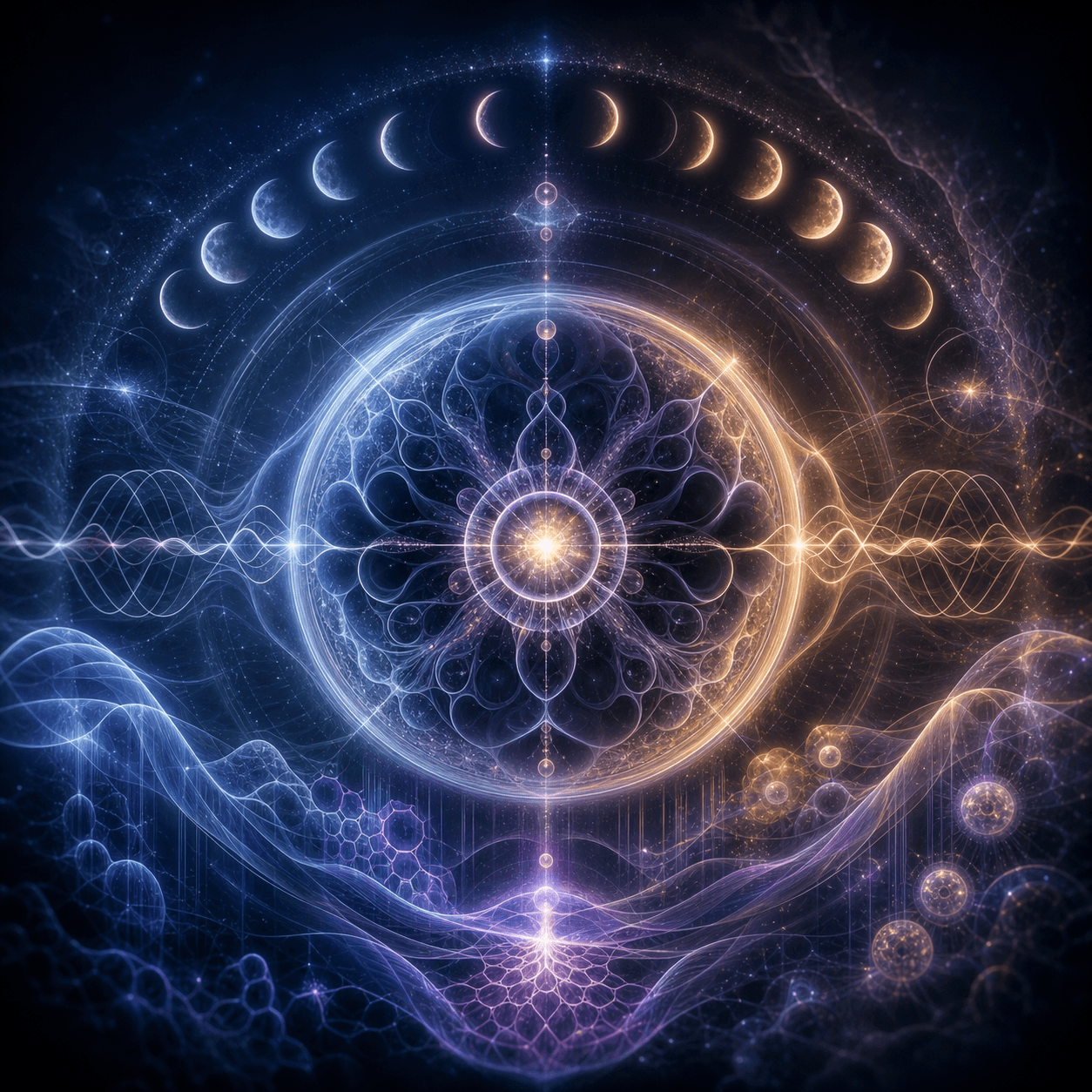 Hora appears as nocturnal biological clock spirals, circadian wave ribbons, and silver-blue time-dilation rings suspended in a quiet field.