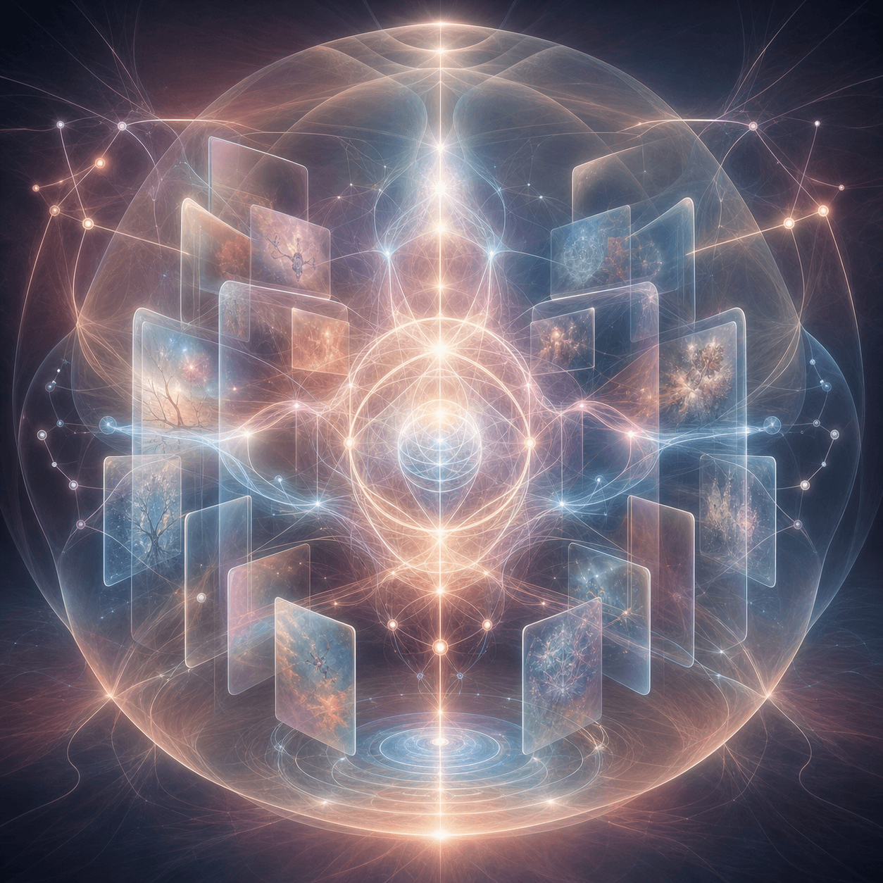Imago appears as warm mirrored perception layers, neural-light networks, and frosted memory panes arranged as a listening, protective field.