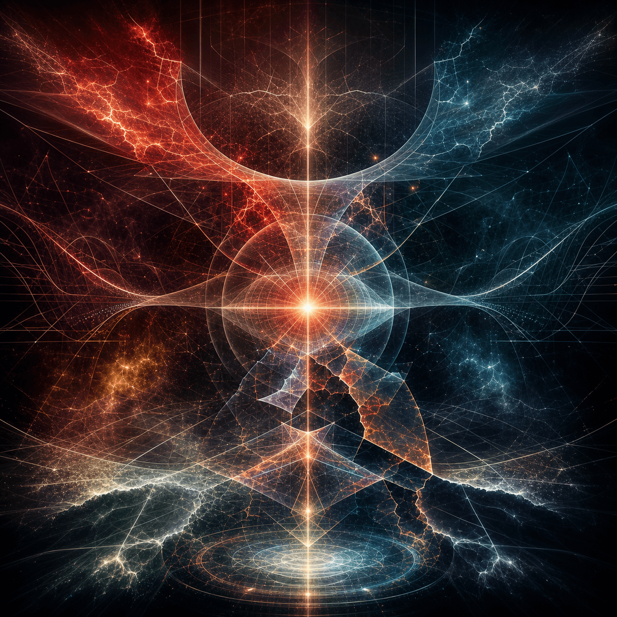 Kairos appears as red-orange phase-transition geometry, glowing fracture lines, branching threshold diagrams without labels, and stabilizing cyan lines.