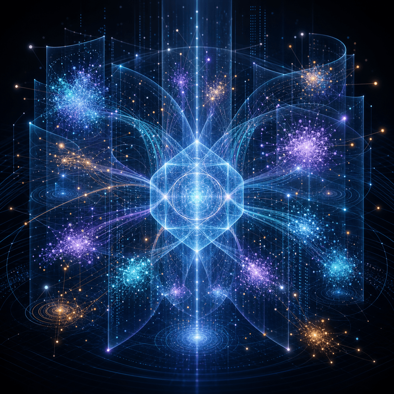 Kala appears as luminous multidimensional data clusters, cyan vector fields, and amber outlier sparks gathered into a precise computational structure.