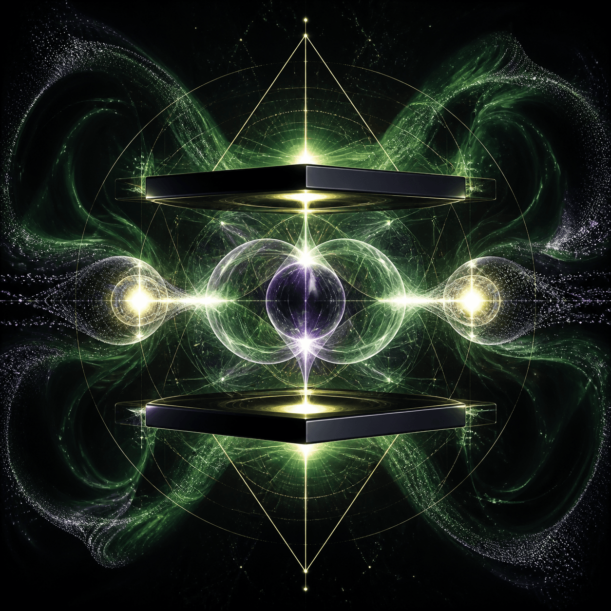 Kenoma appears as a dark quantum-vacuum form with luminous green field sparks, Casimir-like plates, and impossible negative-space geometry.