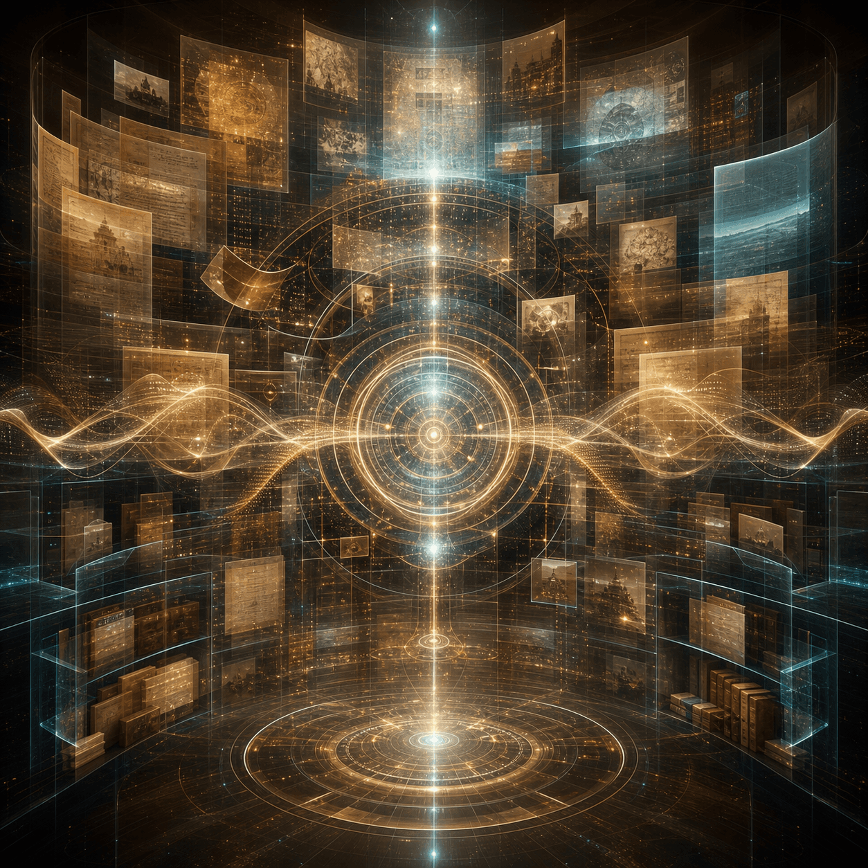 Mnema appears as glowing archive layers, scanned record fragments without readable text, dust motes, and warm historical recurrence waves.