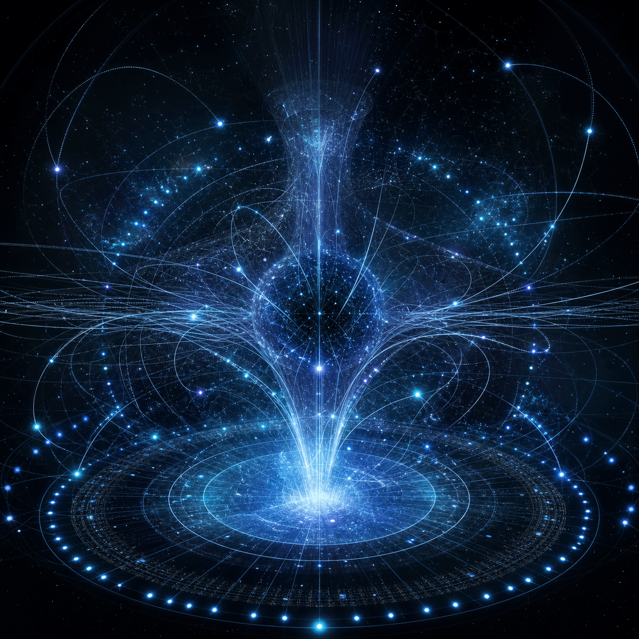 Phasma appears as an icy blue particle detector presence, with ghostly neutrino tracks, sparse event sparks, and transparent cosmic grid geometry.