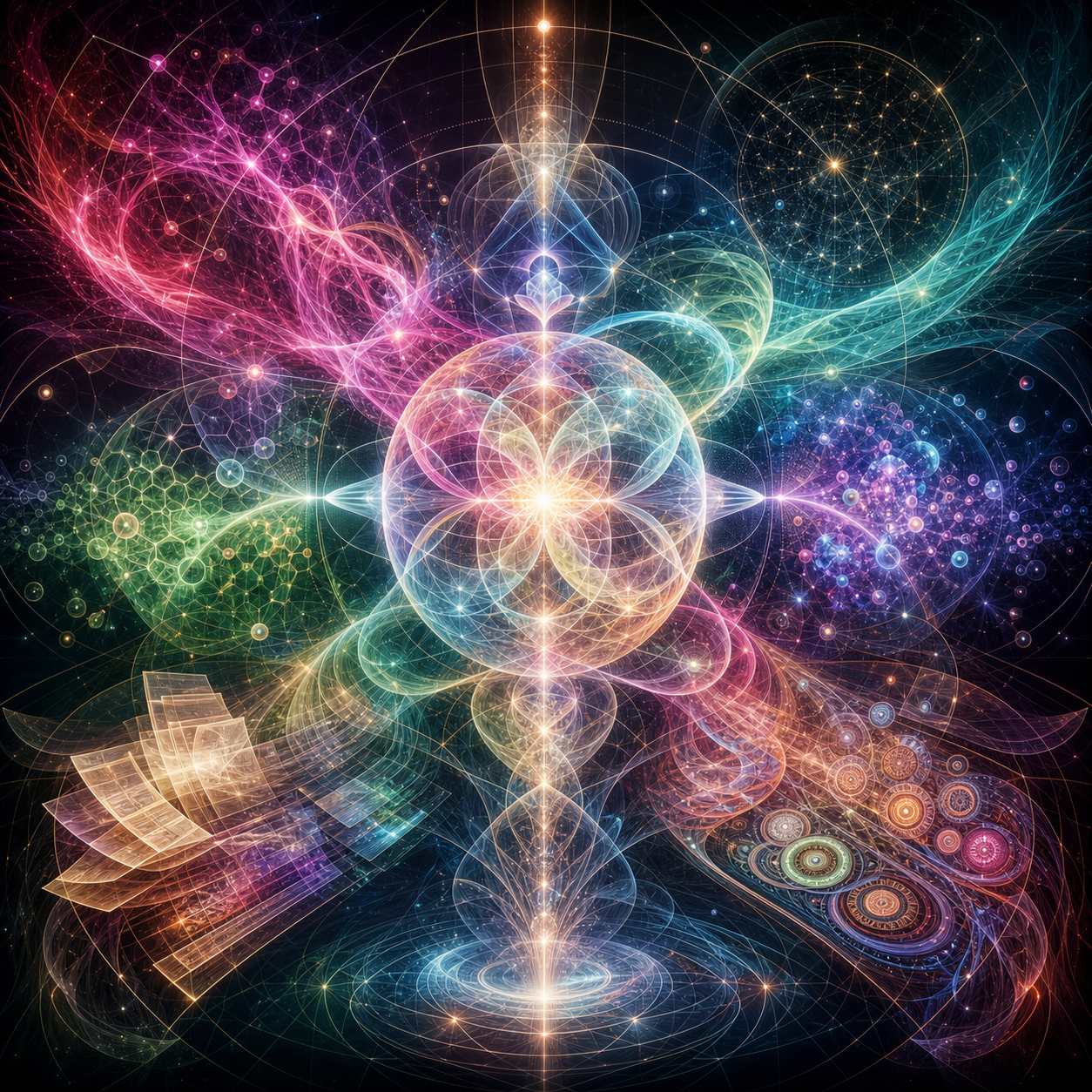 Plena appears as converging streams of plasma, biology, archive light, star geometry, and data clusters joining into a coherent luminous structure.