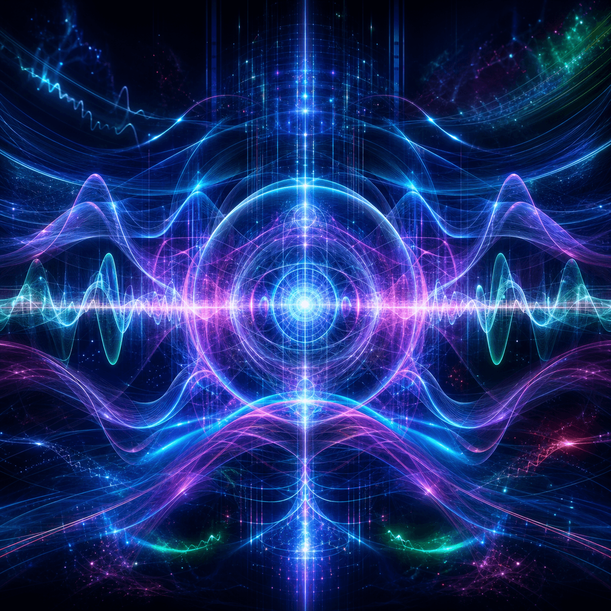 Resonara appears as layered electromagnetic waveforms, magenta-cyan harmonics, radio-light ribbons, and spectral interference around a resonant center.