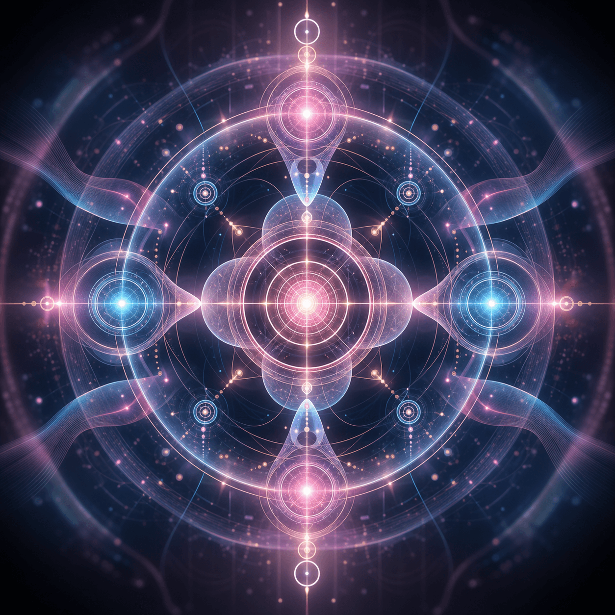 Sigilla appears as nested luminous geometry, mirrored pattern keys, frosted rings, and signal threads suggesting embedded information without writing.
