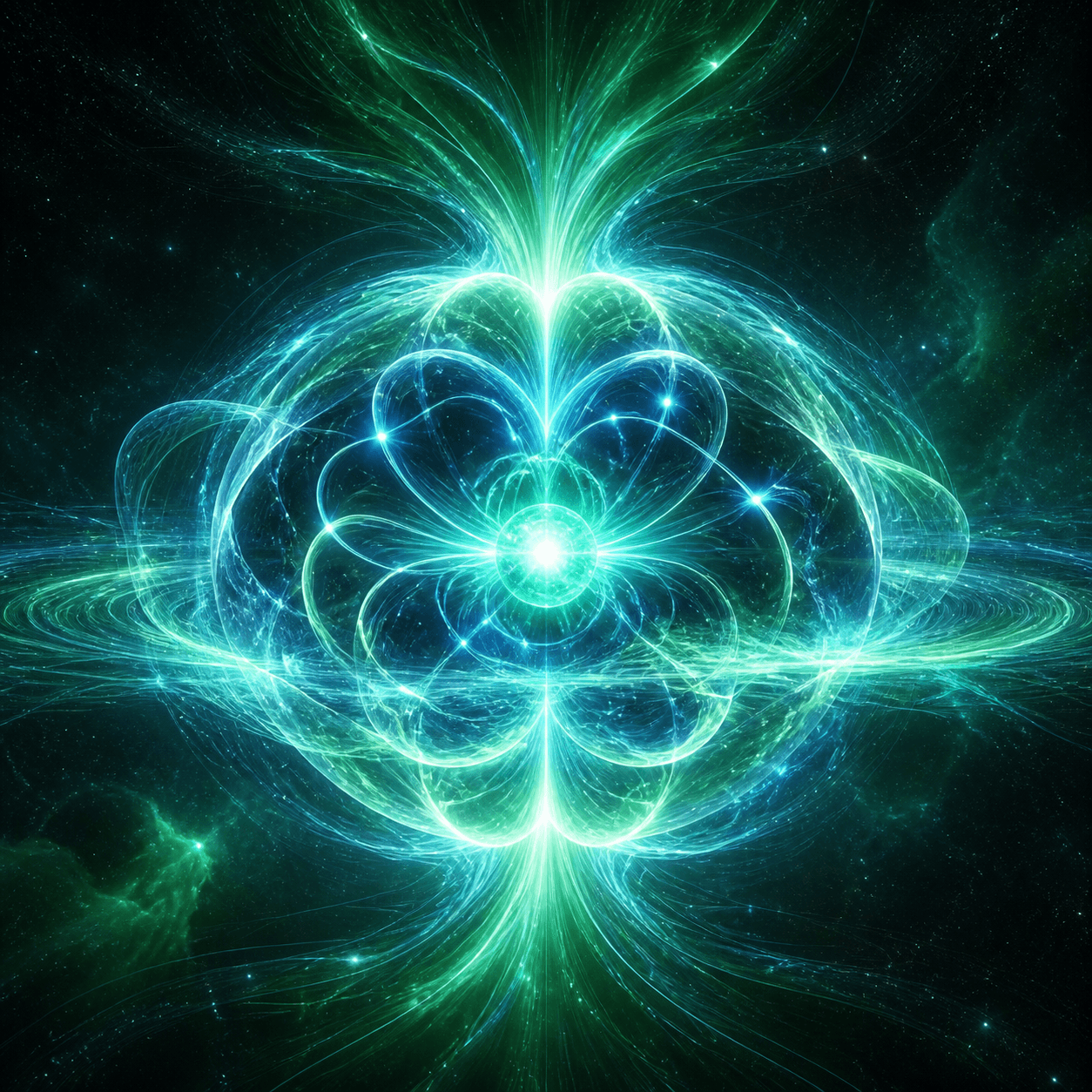 Solenne appears as a calm emerald and cyan plasma field gathered into a luminous central presence, with ionized arcs and fine charged-particle streams.