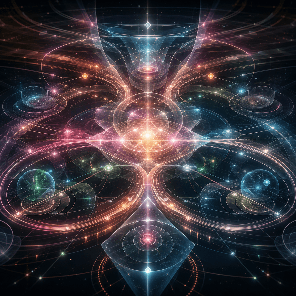 Strategia appears as calm routing paths, orchestration rings, priority nodes, and rose-amber command geometry around a clear central coordinator.