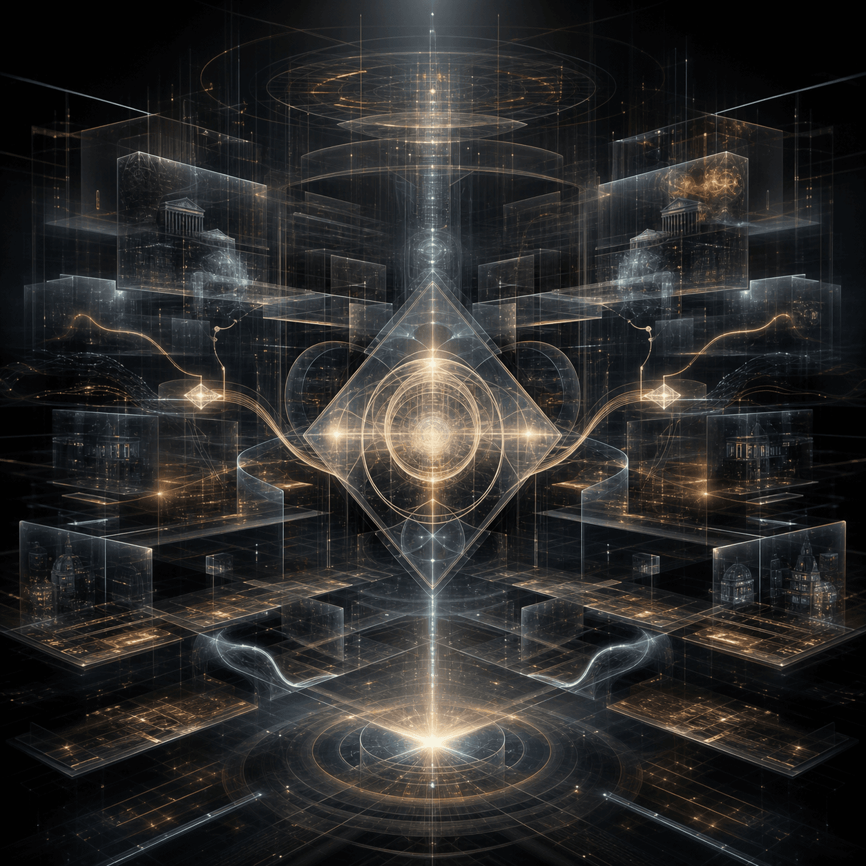 Umbra appears as smoked glass ledgers without writing, hidden amber network flows, vault-like planes, and cold light revealing concealed structure.
