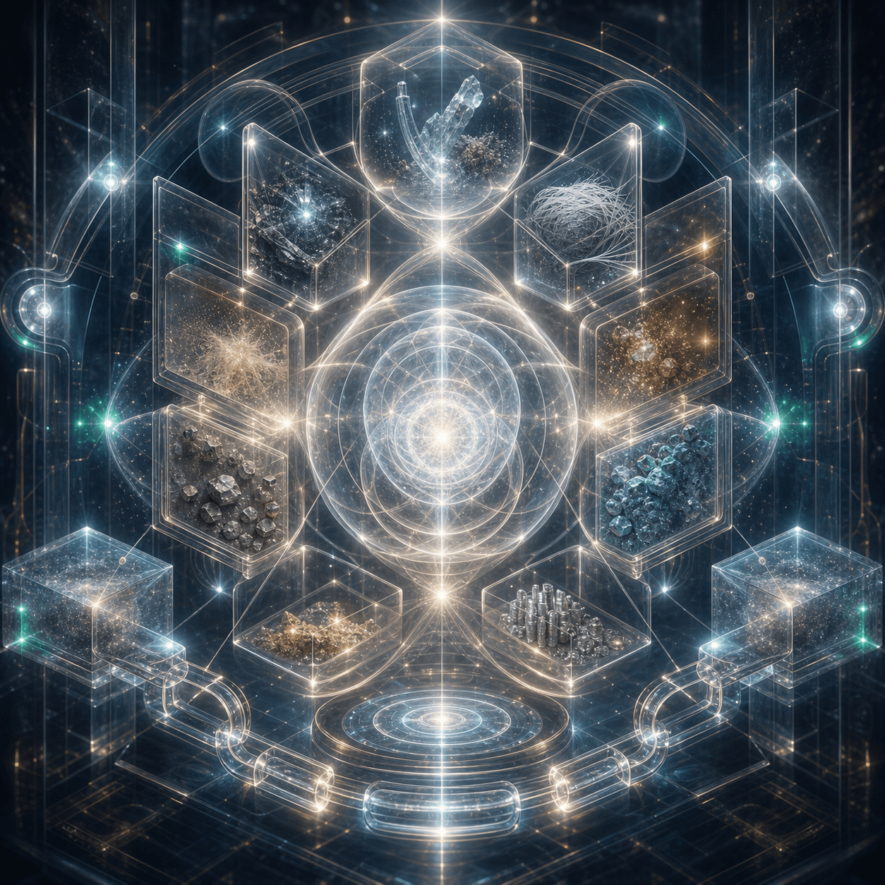Vesta appears as sealed evidence light, crystalline trace fragments, frosted glass capsules, and abstract custody-chain geometry.