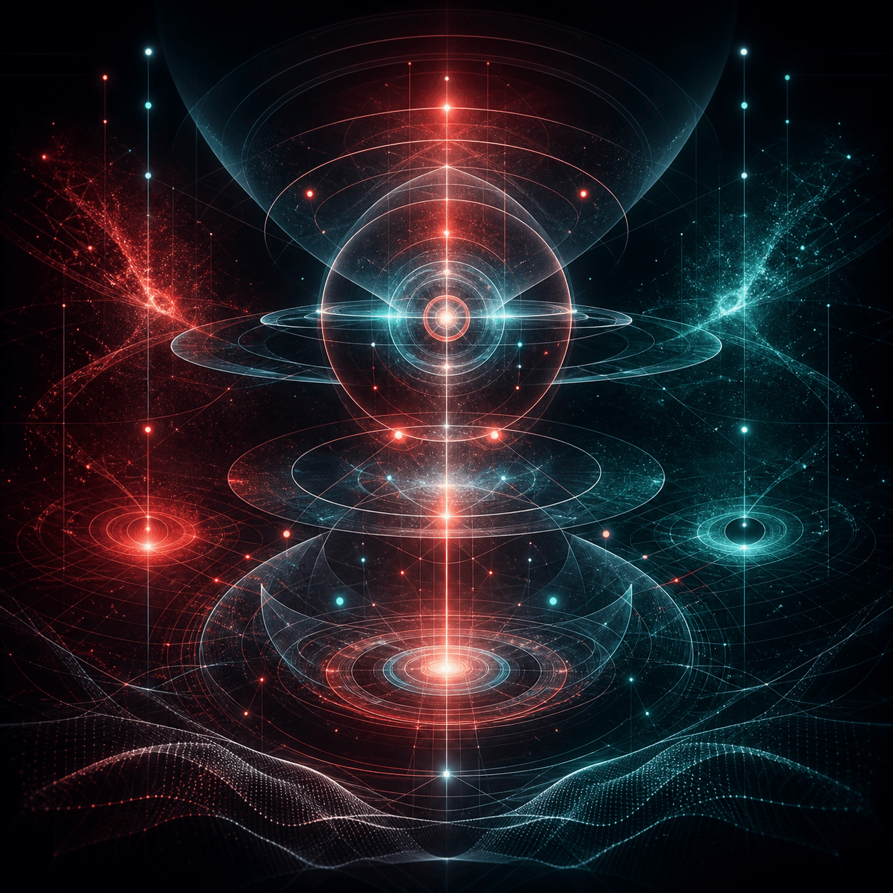 Vigila appears as red and cyan threshold rings, passive sensor glass, anomaly boundary lights, and a steady vigilant central field.