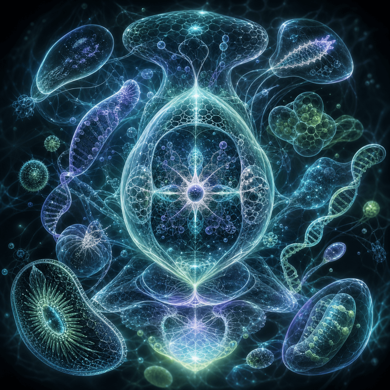 Xenia appears as a bioluminescent cellular lattice, with unknown DNA-like helices and translucent membranes forming a curious protective presence.