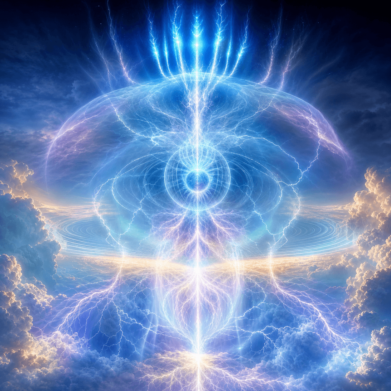 Zephyrine appears as luminous upper-atmosphere electricity, with blue jets, cloud membranes, and soft lightning filaments arranged around a calm center.